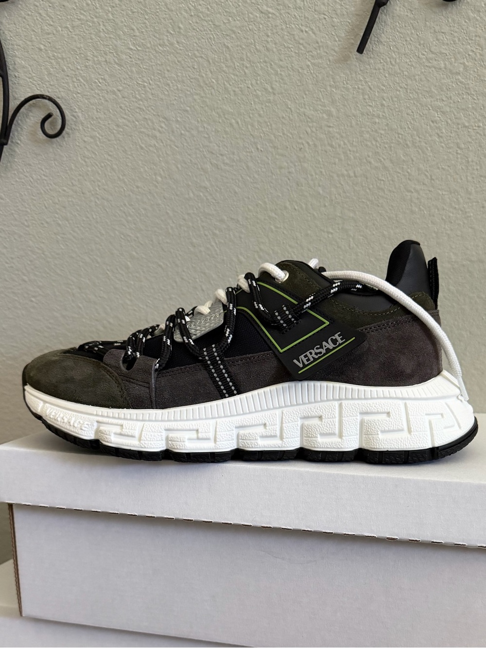 Versace Black Suede Low-Top Sneaker with White Sole and Green Trim